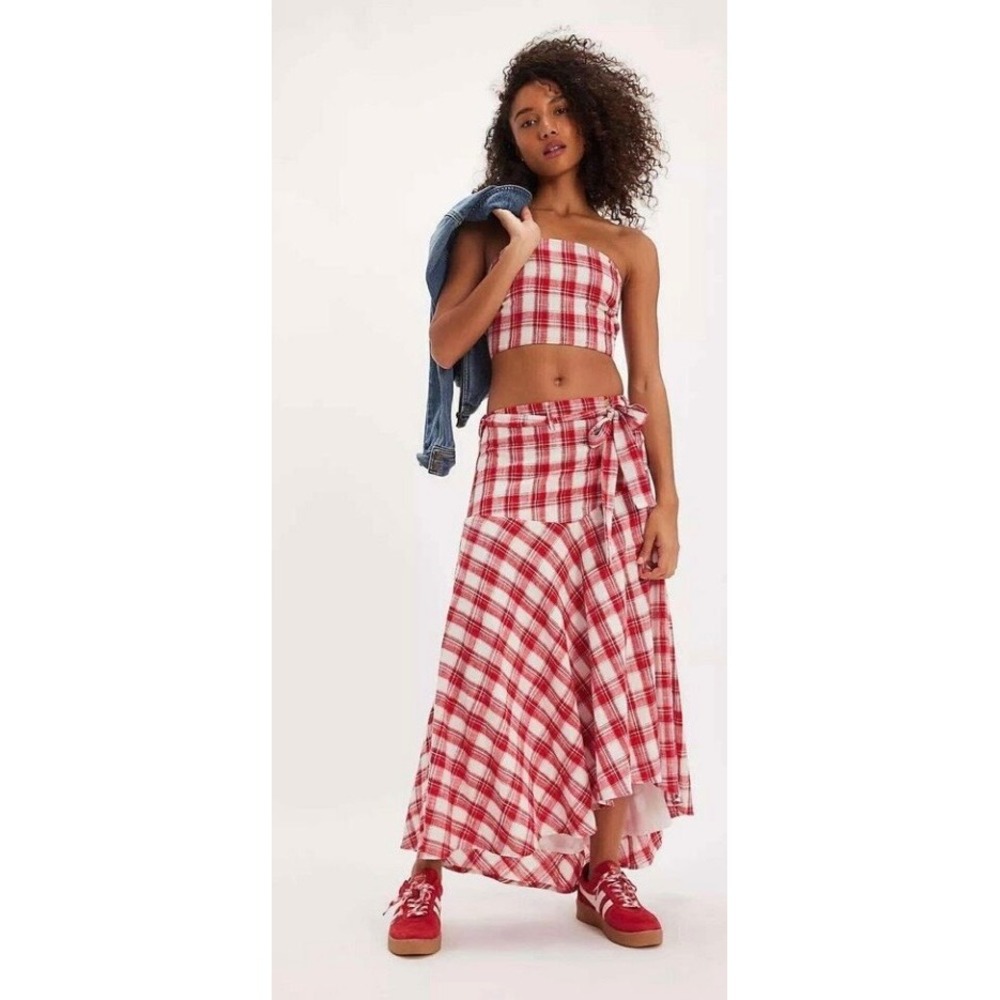 Free People Red Plaid Set Crop Top Maxi Tie  Asymmetrical Skirt Women's Size M